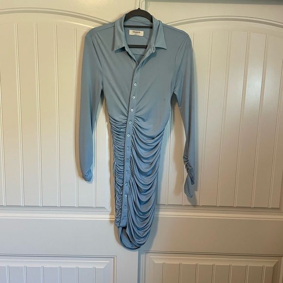 House of CB London Deana Powder Blue Jersey Asymmetric Mini Shirt Dress small - Picture 2 of 7